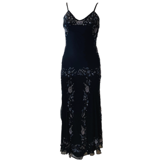 Embellished Bias Cut Black Silk Dress (XS)