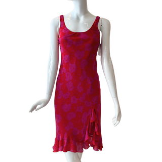 Pink and Red Floral Ruffle Silk Slip Dress (XS/S)