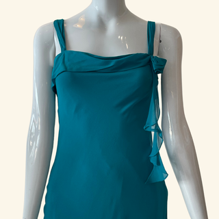 Teal Asymmetrical Hem Rosette Silk Slip Dress (XS/S)