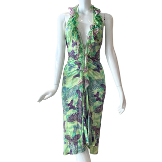 Ungaro Fever Plunge Zip Butterfly Ruffle Halter Dress, Made in Italy (L/XL)