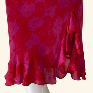 Pink and Red Floral Ruffle Silk Slip Dress (XS/S)