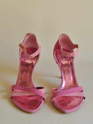 Escada Pink Suede Strappy Sandals with Metallic Heel, Made in Italy (37.5)