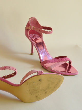 Escada Pink Suede Strappy Sandals with Metallic Heel, Made in Italy (37.5)