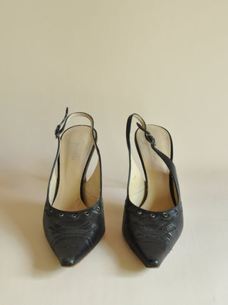 Woven and Grommet Accent Black Leather Slingbacks, Made in Spain (10)