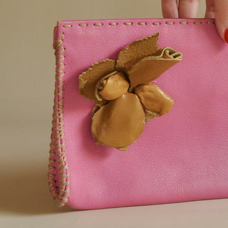 2000s Emanuel Ungaro Pink Leather Flower Clutch, Made in Italy