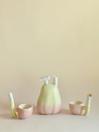 Lynne Turner (b. 1943) Slip-Cast Porcelain Flask with Cups, Signed & Dated