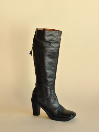 1990s-00s BCBG Max Azria Black Square Toe Boots with Corset Tassel Detail, Made in Brazil (8)