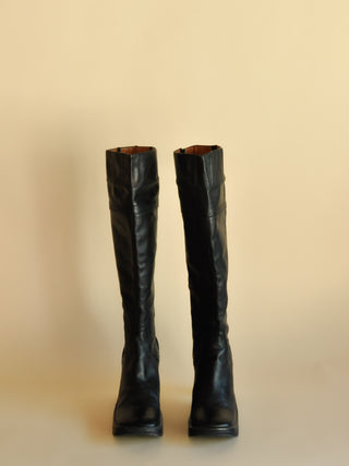 1990s-00s BCBG Max Azria Black Square Toe Boots with Corset Tassel Detail, Made in Brazil (8)