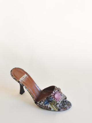 2000s Moschino Tapestry Heels with Leather Flower Appliqués, Made in Italy (36.5)
