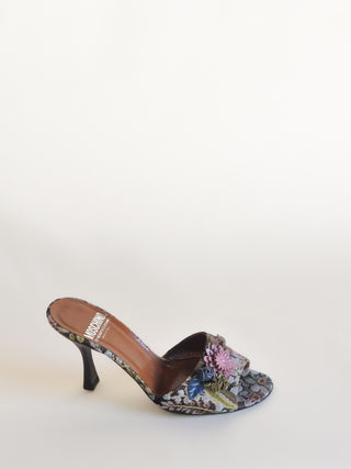 2000s Moschino Tapestry Heels with Leather Flower Appliqués, Made in Italy (36.5)