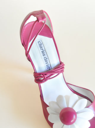 Fuchsia Leather Flower Ankle Wrap Heels, Made in Spain (8)