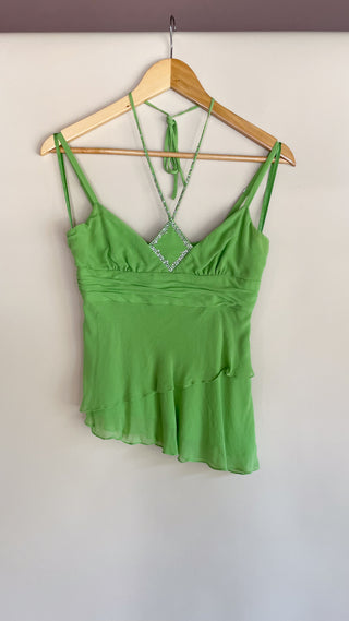 Early 2000s BCBG Lime Silk Sequined Halter (XS)