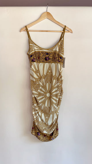 2000s Nicole Miller Ruched Silk Jewel Print Dress (2)