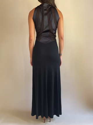 1990s/00s Nina Paris Mandarin Collar Mesh Black Maxi Dress, Made in France (S-L)