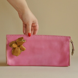 2000s Emanuel Ungaro Pink Leather Flower Clutch, Made in Italy