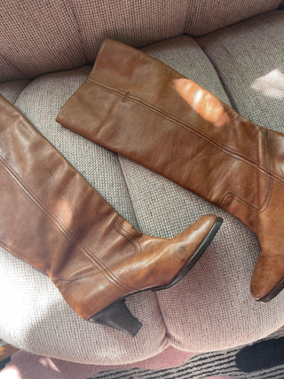 1970s-80s Cognac Leather Frye Boots, Made in Brazil (7.5)