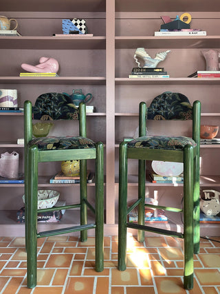 1970s Hank Lowenstein Green Stained Beechwood Padova Barstools with Custom Velvet Floral Upholstery, Set of 2