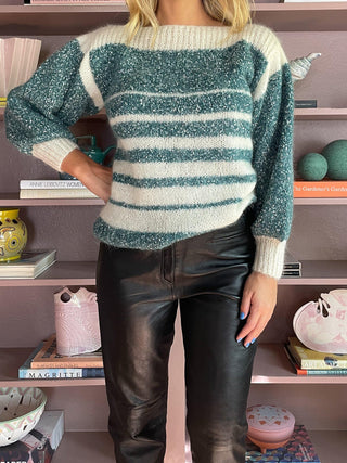 1980s Green and Cream Striped Sweater (M)