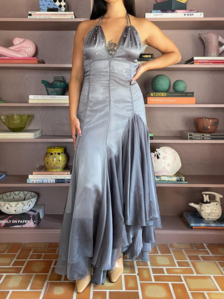 2000s Gunmetal Sheer Overlay Tie Back Dress with Dewdrop Stone Accents, Made in Argentina (6)
