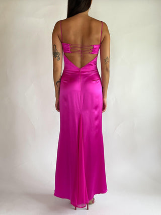 1990s-00s Hot Pink Silk Charmeuse Dress with Flounce Detailing & Laced Back (2-4)