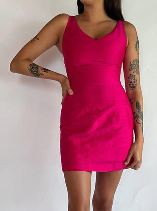 1990s Hot Pink Raw Silk Mini Dress with Bow Detailing (2)