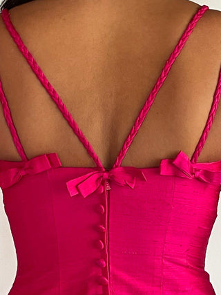 1990s Hot Pink Raw Silk Mini Dress with Bow Detailing (2)