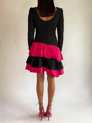 1980s-90s Popcorn Top Hot Pink and Black Mini Dress (2-4)