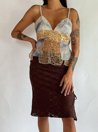 1990s-00s Chocolate Brown Lace Skirt with Synched Detail (4-6)