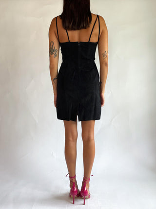 1990s Black Suede Corset Front Dress (2-4)