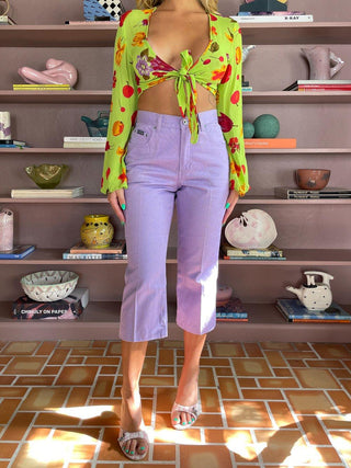 1990s Fruit and Flower Print Lime Tie Crop Top  (S)