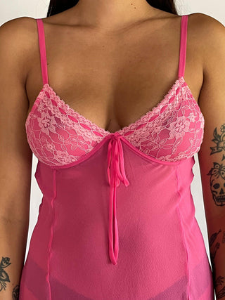 2000s Sheer Pink Bra Top Silk Slip Dress (M)