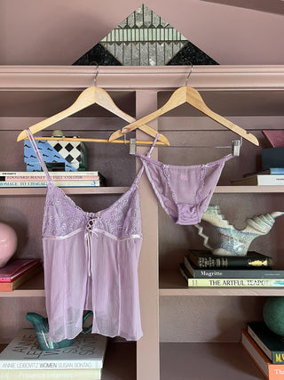 2000s Victoria's Secret Lilac Silk and Lace Negligee and Panty Set (S-M)