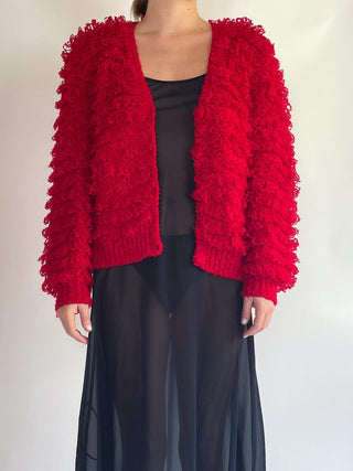 1980s-90s Hand Knit Red Shag Cardigan with Pockets (L)