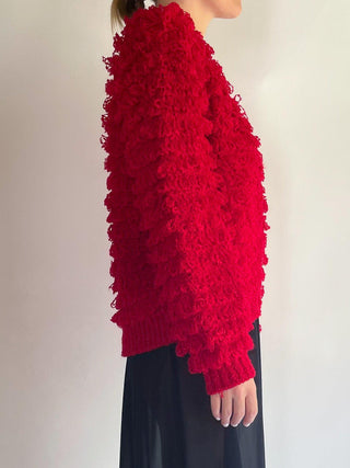 1980s-90s Hand Knit Red Shag Cardigan with Pockets (L)