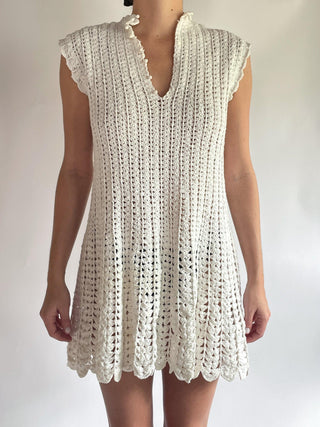 1960s White Knit Mini Dress (M)