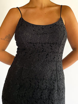 1990s Dead Stock Black Floral Lace Maxi Dress (12)